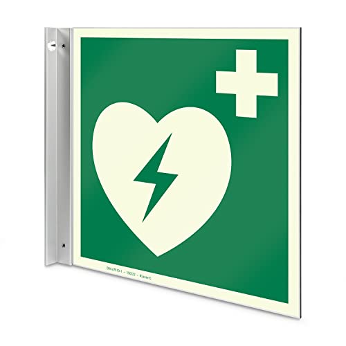 Betriebsausstattung24 Defibrillator Fahnenschild - Aluverbundplatte, langnachleuchtend - 20,0 x 21,50 cm - Zur Wandbefestigung von Betriebsausstattung24