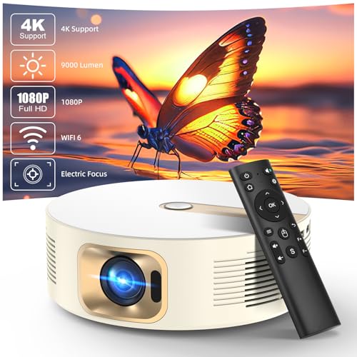 Bettdow 4K Unterstützt Beamer, Full HD 1080P 9000 Lumen Elektrischer Fokus Automatische Trapezkorrektur, Video Beamer mit WiFi6 & Bluetooth 5.0, Geschlossener Projektor Heimkino (Beige) von Bettdow