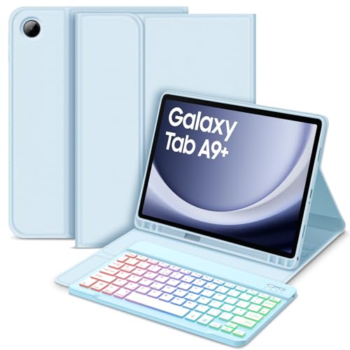 Bettdow für Samsung Galaxy Tab A9+/A9 Plus 2023 Tastatur Hülle, Deutsch QWERTZ Layout Abnehmbarer Beleuchtete Tastatur, Hülle mit Stifthalter für Galaxy Tab A9+ 11 Zoll SM-X210/X215/X216, Blau von Bettdow