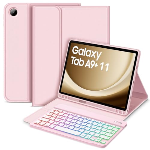 Bettdow für Samsung Galaxy Tab A9+/A9 Plus 2023 Tastatur Hülle, Deutsch QWERTZ Layout Abnehmbarer Beleuchtete Tastatur, Hülle mit Stifthalter für Galaxy Tab A9+ 11 Zoll SM-X210/X215/X216, Rosa von Bettdow