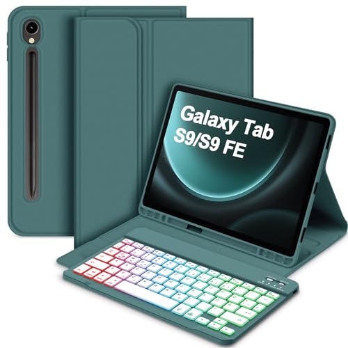 Bettdow für Samsung Galaxy Tab S9 FE 2023 Tastatur Hülle, QWERTZ Layout Abnehmbarer Beleuchtete Tastatur mit Hülle für Galaxy Tab S9 11"/Tab S9 FE 10.9" 2023 SM-X510/X516B/X710/X716B/X718U, Dunkelgrün von Bettdow