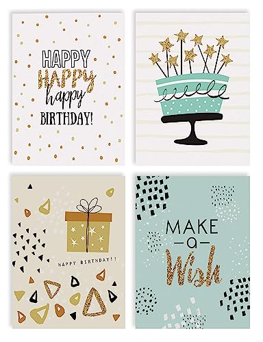Better Office Products Happy Birthday Karten, 10,2 x 15,2 cm, 4 Cover-Designs, innen blanko, mit Umschlägen, elegante Gold-Kollektion, 100 Stück von Better Office Products