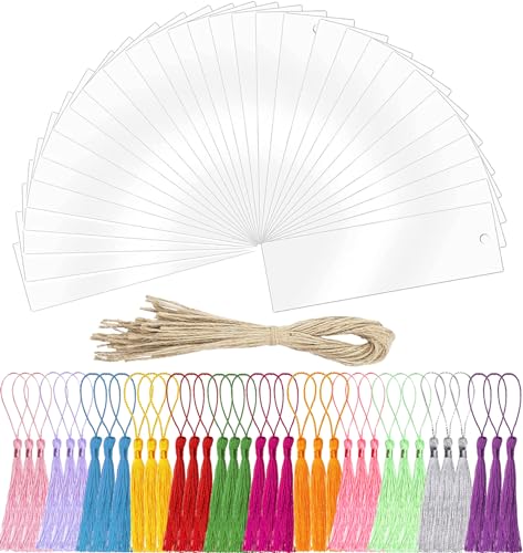 BetterJonny 30 Stück Rechteckige Acryl Lesezeichen, Transparent, Mit 40 Bunten Quaste, Leere Craft Lesezeichen Für DIY Basteln Notizbuch Party Dekorationen von BetterJonny
