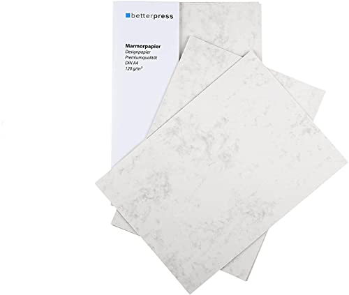 Betterpress® 100 Blatt Briefpapier Marmorpapier grau 120g, A4 – Beidseitig Marmoriertes Papier in hochwertiger Qualität – Premium ideal als Speisekarte, Zertifikat und Urkunde von Betterpress