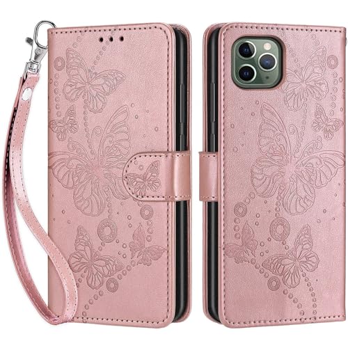 Betunistoy Handyhülle für iPhone 11 Pro 5,8 Zoll Hülle, PU Leder Eleganter Prägung Schutzhülle mit Kartenfach, Flip Case Klappbar Stoßfeste Hülle für iPhone 11 Pro (Schmetterling-Roségold) von Betunistoy