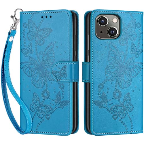 Betunistoy Handyhülle für iPhone 13 6,1 Zoll Hülle, PU Leder Eleganter Prägung Schutzhülle mit Kartenfach, Flip Case Klappbar Stoßfeste Hülle für iPhone 13/14 (Schmetterling-Blau) von Betunistoy