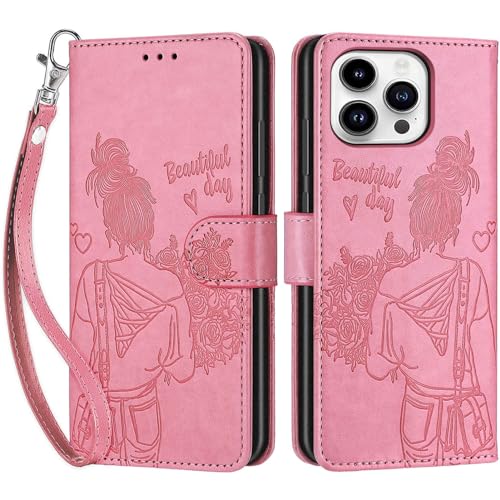 Betunistoy Handyhülle für iPhone 14 Pro 6,1 Zoll Hülle, PU Leder Eleganter Prägung Schutzhülle mit Kartenfach, Flip Case Klappbar Stoßfeste Hülle für iPhone 14 Pro (Rosa) von Betunistoy