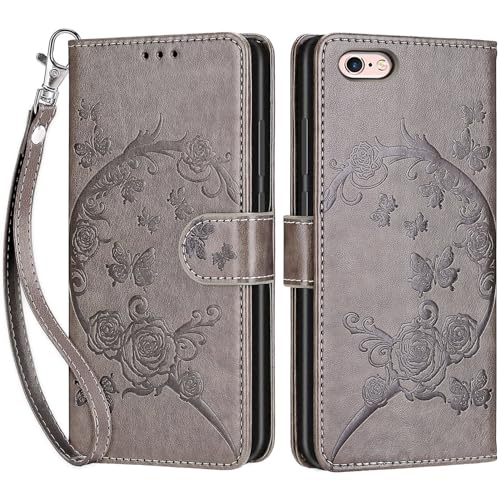 Betunistoy Handyhülle für iPhone 6 / 6S Hülle, PU Leder Eleganter Prägung Schutzhülle mit Kartenfach, Flip Case Klappbar Stoßfeste Hülle für iPhone 6 iPhone 6s (Schmetterling-Grau) von Betunistoy