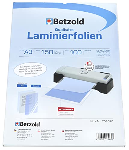 Betzold - 100 x DIN A3 Laminierfolien - Laminieren Schulbedarf Bürobedarf Laminiertaschen 150 mic 250 micron von Betzold