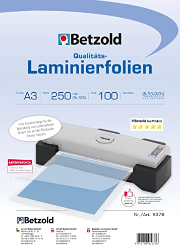 Betzold - 100 x DIN A3 Laminierfolien - Laminieren Schulbedarf Bürobedarf Laminiertaschen 150 mic 250 micron von Betzold