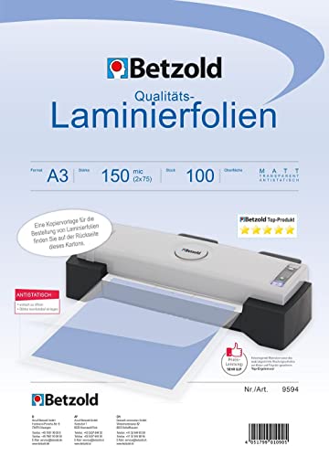 Betzold - 100 x DIN A3 Laminierfolien - Laminieren Schulbedarf Bürobedarf Laminiertaschen 150 mic 250 micron von Betzold