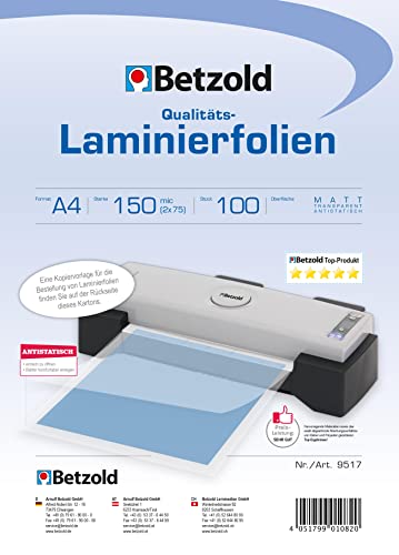 Betzold - Laminier-Folien DIN A4 100 Stück - Laminier-Taschen Folier-Folien 150 mic 250 micron von Betzold