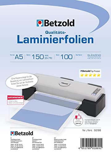 Betzold - Laminierfolien DIN A5, 100 Stück - Laminieren Schulbedarf Laminiertaschen 150 mic 250 micron von Betzold