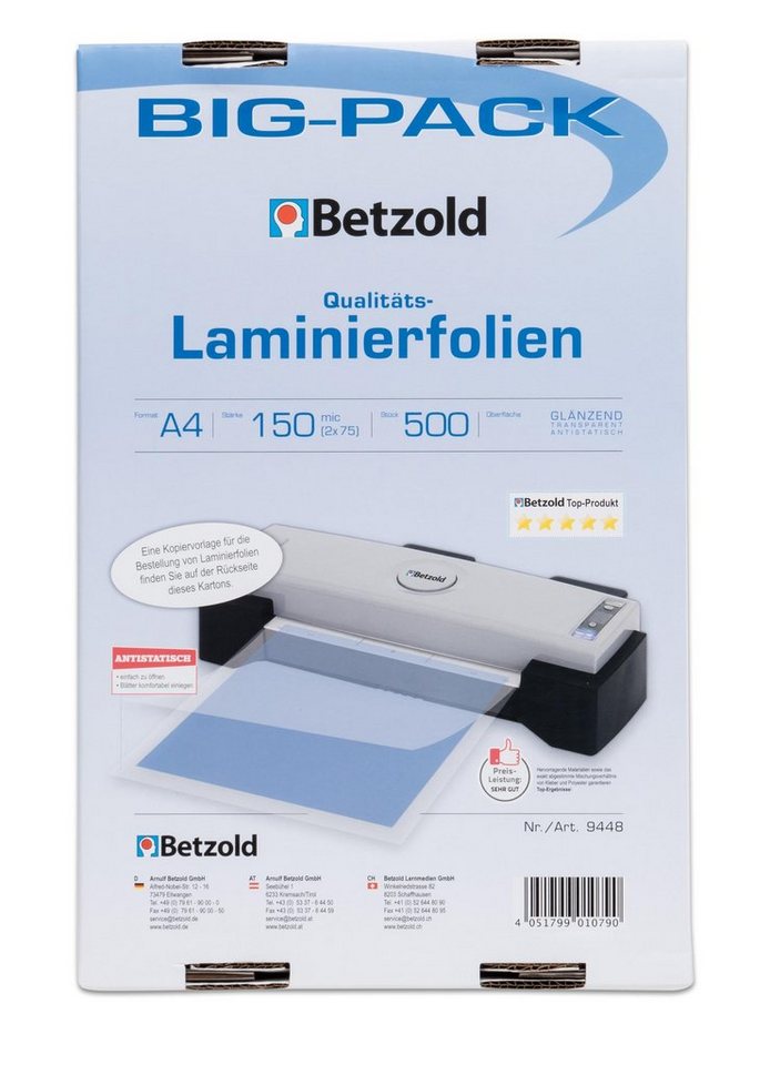 Betzold Schutzfolie Laminier-Folien A4 500 Stück Big-Pack 150 mic glänzend von Betzold