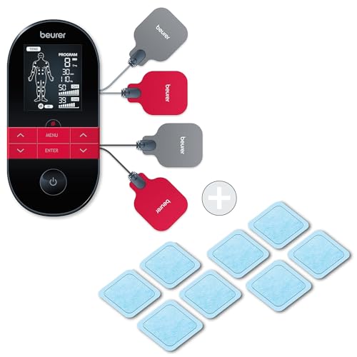 Beurer EM 59 Heat digitales TENS/EMS Gerät, 4-in-1 Reizstromgerät mit 4 Elektroden und Akku zur Schmerztherapie,Muskelstimulation,Massage und Wärmetherapie, inkl. Nachkaufset bestehend aus 8 Gel-Pads von Beurer