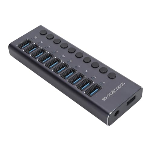 10-Port-USB-3.0-Daten-Hub-Adapter, Aluminium-USB-Splitter-Hub mit 60-W-Netzteil, USB 3.0 X 10 USB-Hub mit Stromversorgung und Individuellem Schalter für Laptop-PC-Spielekonsole von Bewinner