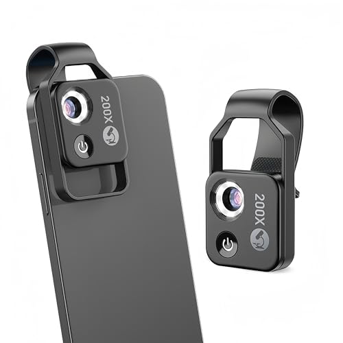 200X Telefon-Taschenmikroskop, Tragbares Mikroskop mit LED-Licht, Clip-Telefonmikroskop mit Universal-CPL, Microworld für Kinder und Erwachsene (Schwarz) von Bewinner