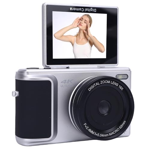4K Digitalkamera für die Fotografie, 64MP Vlogging -Kamera mit 2,8 "180 ° Flip -Bildschirm, Autofocus 16x Digital Zoom Retro Spiegro -Videokamera für Anfänger (Silver) von Bewinner