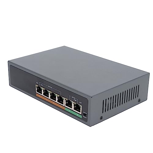 Bewinner 6 Port POE Switch 100Mbps, IEEE802.3af/at Kleiner Kompakter Silent Ethernet Switch, Lüfterlos, Robustes Metall, Auto MDI/MDIX 65W für Desktop/Wand (EU-Stecker 220 V) von Bewinner