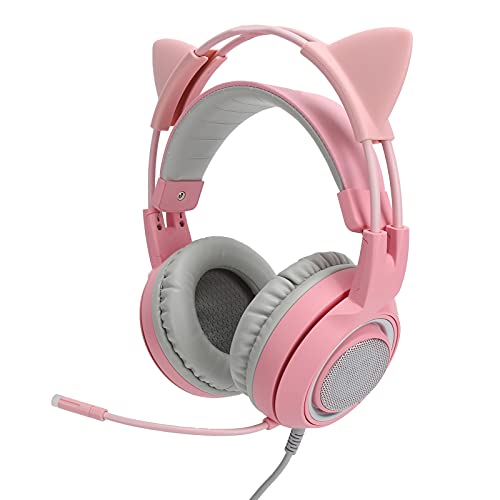 Bewinner Gaming-Headset, Einstellbarer Universeller Geräuschunterdrückender Kopf-Kopfhörer mit Katzenohr und Mikrofon Komfortabel für Mädchen for (Rosa) von Bewinner
