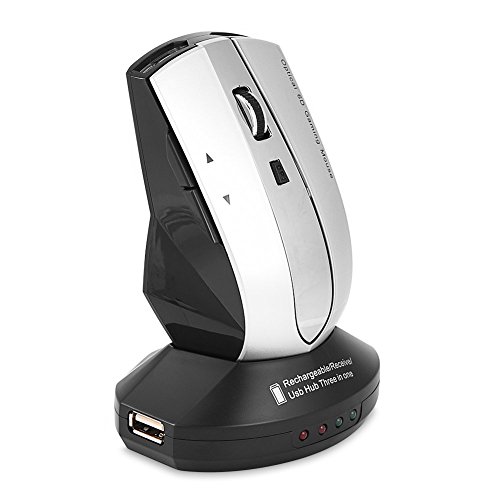 Bewinner Kabellose Maus wiederaufladbar, 2,4 GHz wiederaufladbare kabellose optische Maus 6 Tasten einstellbare DPI-Gaming-Mäuse mit Ladestation 3-Port-USB-Hub & -Halter(Schwarz + Silber) von Bewinner