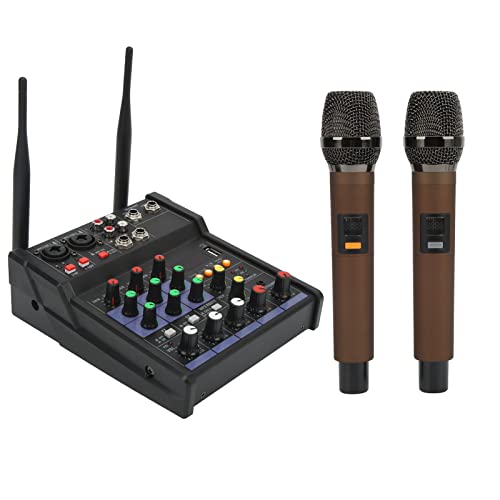 Bewinner Kompakter 4 Kanal Studio Mixer, Drahtloser Bluetooth Stereo Mixer mit 2 Drahtlosen Mikrofonen für Aufnahmen Im Heimstudio von Bewinner