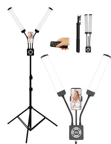 Bewinner LED Videolicht mit Stativ & Handyhalter, 3200K-5600K 40W Schönheit Selfie Licht, Universal Tattoo Lampe Wimpern Lampe, Zusammenklappbares Doppelarm Streaming Licht für Studio von Bewinner