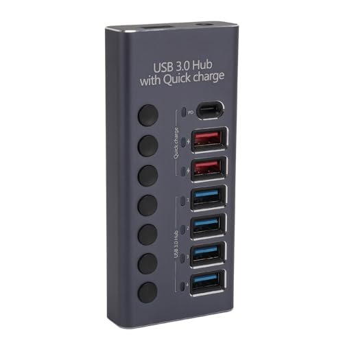 Bewinner USB-Hub 3.0, 7-Port-USB-Hub-Splitter mit Individuellen EIN-/Aus-Schaltern und Lichtern, 4 5-Gbit/s-Datenübertragungsanschlüsse, 3 Schnellladeanschlüsse mit Netzteil (EU-Stecker) von Bewinner