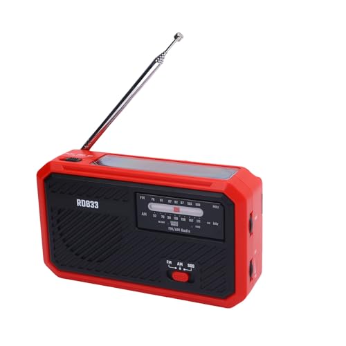 Notfallradio mit Solar & Handkurbel, 2000mAh Batterie-Am-FM-Wetterradio, LED-Taschenlampe SOS-Alarm für Camping, Stromausfälle, Hurrikanbereitschaft (Rot) von Bewinner