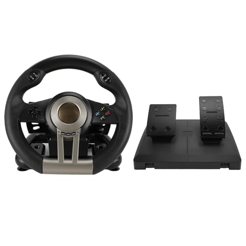 Bewinner PC-Rennrad und Pedal mit Manueller Schaltung, PC-Lenkrad mit Linearem Pedal, Universelles USB-Gaming-Lenkrad mit Intelligenter Vibrationsanpassung für PS3 von Bewinner