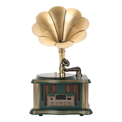 Vintage-Grammophon-Bluetooth-Lautsprecher, Wiederaufladbarer USB-C-BT5.0-Holzlautsprecher, -Retro-Phonograph-Funklautsprecher mit FM-Funktion (Grün) von Bewinner