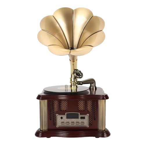 Vintage-Grammophon-Bluetooth-Lautsprecher, Wiederaufladbarer USB-C-BT5.0-Holzlautsprecher, Retro-Phonograph-Funklautsprecher mit FM-Funktion (Kaffee) von Bewinner