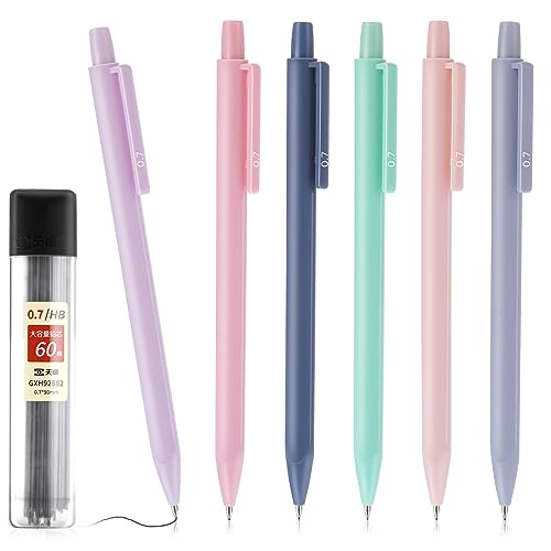 Bewudy 6 Stück Pastell Druckbleistift Set, 0.7mm Niedliche farbige Druckbleistifte mit 1 Tube 0,7 mm HB Mine, Preppy Ästhetische Stifte zum Zeichnen & Schreiben Studenten (6pcs 0.7mm) von Bewudy