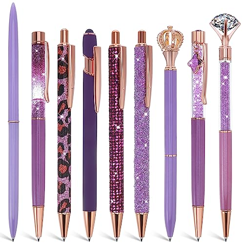 Bewudy 9pcs Druckkugelschreiber, Metall Diamant Stifte Set Niedliche Stifte Glitter Ästhetische Stift schwarze Tinte Stifte Geschenke für Frauen Mädchen Lehrer Hochzeit Büro Schule Zubehör (Lila) von Bewudy