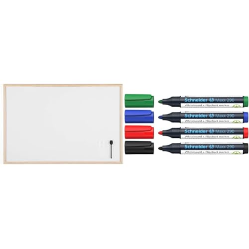 Bi-Office Budget Whiteboard mit Holzrahmen, magnetisch, 5 Größen wählbar, 90 x 60 cm & Schneider Maxx 290 Marker Etui mit 4 Farben von Bi-Office