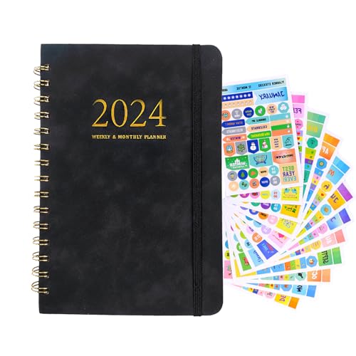 Bibykivn Terminplaner 2024, Kalender 2024 Wochenplaner A5 mit Stickern, Hardcover Buchkalender von Januar 2024 bis Dezember 2024, Lehrerkalender für die Organisation voller Terminpläne (Schwarz) von Bibykivn