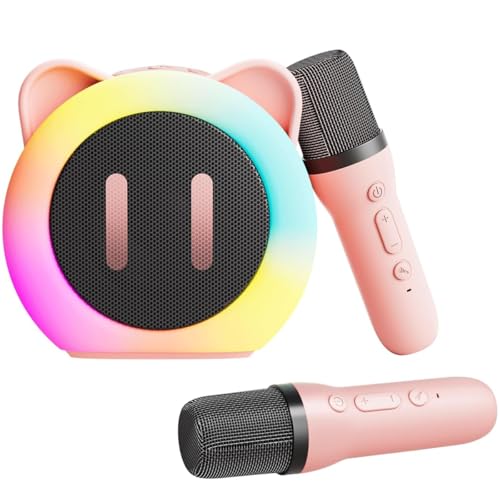 Karaoke Maschine Kinder Karaoke Anlage mit 2 Kabellosen Mikrofonen - Tragbare Mini Karaoke Maschine mit Sprachveränderungseffekten und LED-Licht - Geschenke Spielzeug für Mädchen und Jungen (Rosa) von Bibykivn