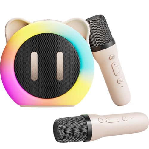 Karaoke Maschine Kinder Karaoke Anlage mit 2 Kabellosen Mikrofonen - Tragbare Mini Karaoke Maschine mit Sprachveränderungseffekten und LED-Licht - Geschenke Spielzeug für Mädchen und Jungen (Weiß) von Bibykivn