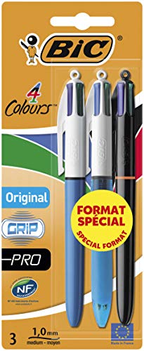 BIC 4 Colours Originalstifte — Vielfältiges 3er-Pack — beinhaltet Original, Grip und Pro 4 Farbstifte mit 1,0 mm Spitze, Blau, Grün, Rot, Schwarz (Verpackung kann variieren) von Bic