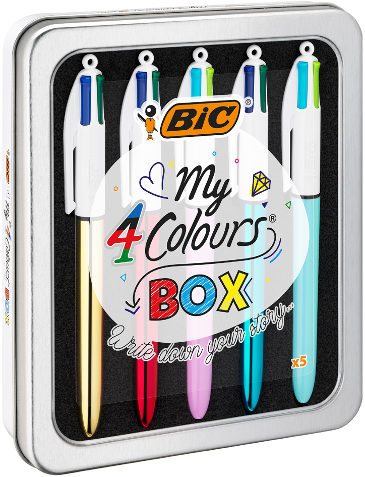 BIC Druckkugelschreiber 4 Colours Kollektion, 5er Metallbox von Bic