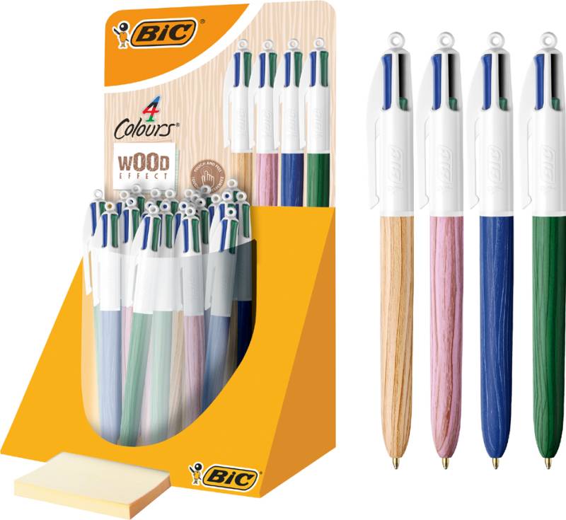 BIC Druckkugelschreiber 4 Colours Wood Style, 30er Display von Bic
