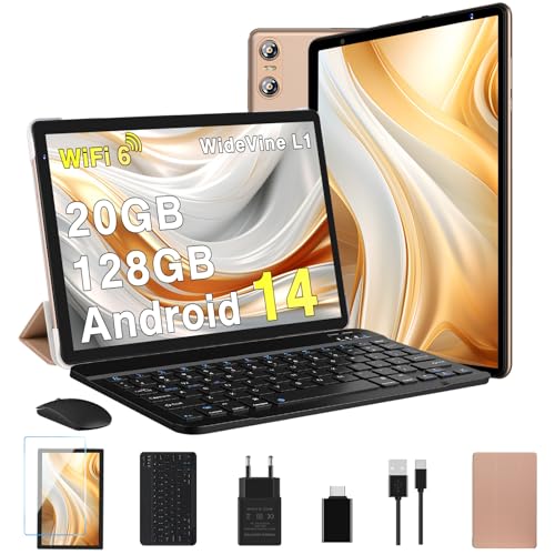 Biegedy Tablet 10 Inch Android 14 Octa-Core, 5G WLAN 6, 20 GB RAM + 128 GB ROM (TF1 TB), Widevine L1, Bluetooth 5.0, 1280 x 800, GMS 6000 mAh, 5MP + 8MP, Tablet with Keyboard Mouse Gold von Biegedy