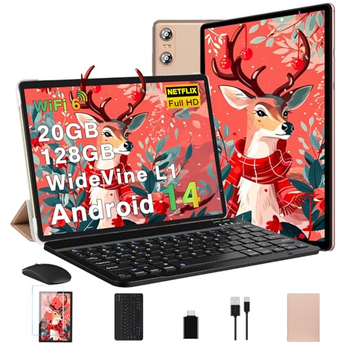 Biegedy Tablet 10 Zoll Android 14 Octa-Core,Tablet PC 20 GB RAM+128 GB ROM (TF1 TB),5G WLAN 6丨Widevine L1丨GMS丨6000mAh丨5MP+8MP丨Bluetooth 5.0丨1280 * 800丨Tablet mit Tastatur Maus Gold von Biegedy