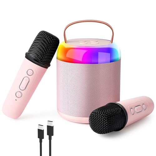 Bietrun Karaoke Maschine Kinder mit 2 drahtlosen Mikrofonen USB C wiederaufladbare Karaoke Maschine tragbar mit 5 Stimmenmodi bunten Lichter Bluetooth Funktion Mädchen Geschenke Heimparty Rosa von Bietrun