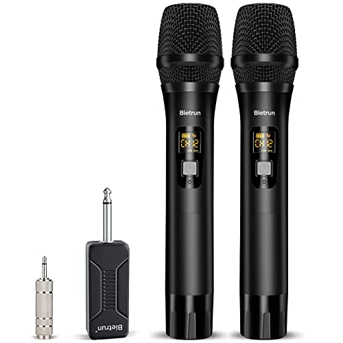 Bietrun UHF drahtlos Mikrofon Metall 50M kabellos dynamische Funkmikrofon zwei Handmikrofone mit einem 6,35mm Empfänger für Verstärker Mischpult PA Anlage Karaoke Hochzeit Party Konferenz Rede Schwarz von Bietrun
