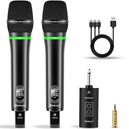 Bietrun UHF wiederaufladbar drahtlos Karaoke Mikrofon 50M kabellos Funkmikrofon 6,35mm Empfänger mit Bluetooth dynamische Metall Mikrofon für PA Karaoke Anlage PartyBox Mischpult Party Hochzeit Rede von Bietrun