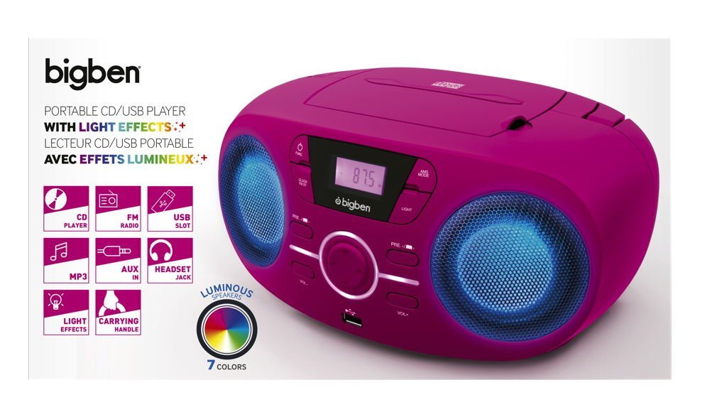 BigBen tragbarer CD Player CD61 pink USB MP3 FM Radio AUX-IN AU363180 CD-Player von BigBen