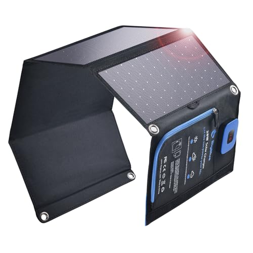 BigBlue 28W Tragbares Solar-Ladegerät mit 2 Ports (USB-C/USB-A), 5V/4A Gesamtausgang, IP44 Solarpanel mit Digital Amperemeter und Reißverschluss-Schutz für Geräte wie iPhone, Android, GoPro und mehr von BigBlue