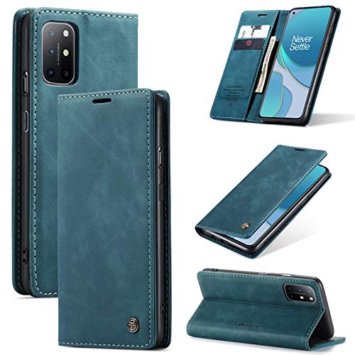 Bigcousin Handyhülle Kompatibel mit OnePlus 8T,Leder Flip Case Schutzhülle mit Standfunktion,Magnetverschluss,Kartenschlitz - Blau von Bigcousin