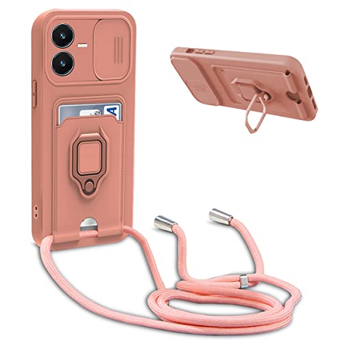 Bigcousin Handykette Hülle kompatibel mit Vivo Y22S/Y22 4G,Verstellbarer Halskette Handyhülle mit Band,Kartenfach Soft Silikon Case,Pink von Bigcousin